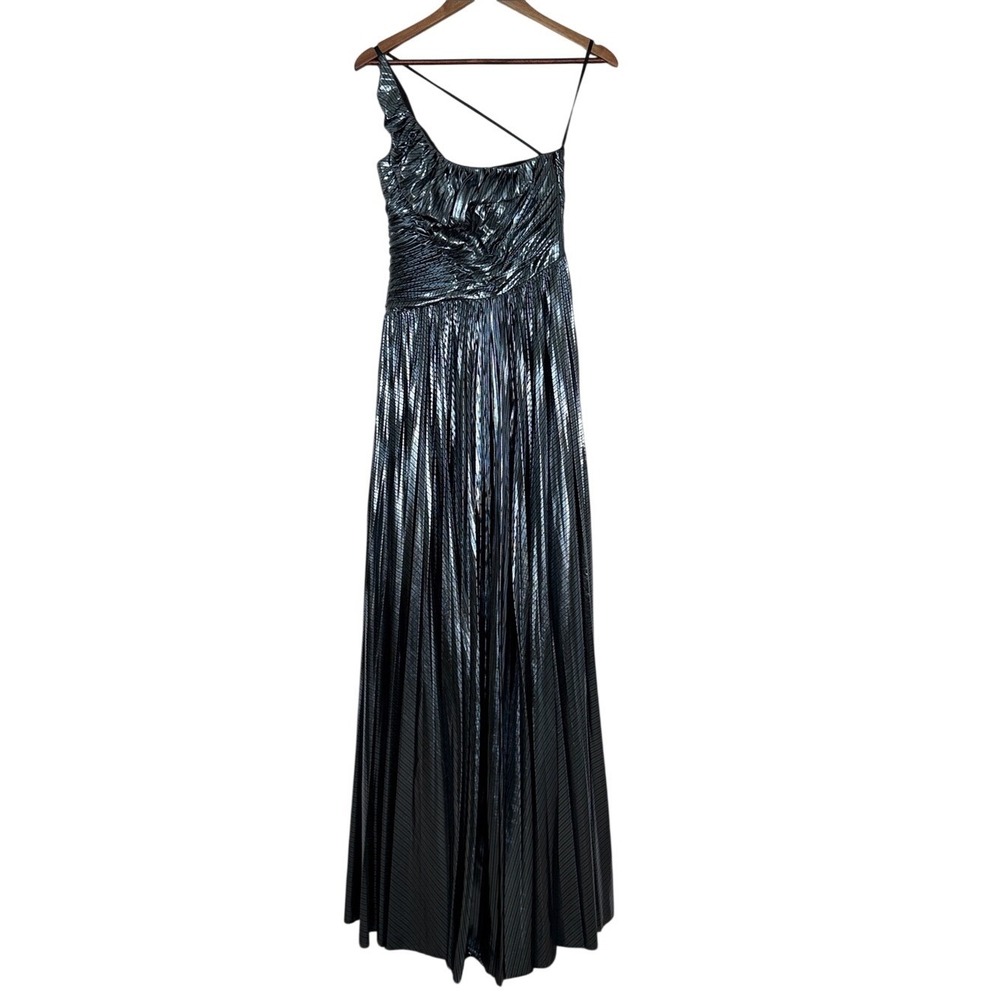 Halston Terese Metallic One Shoulder Gown Slate Gray Wedding Prom Size 4 - Picture 2 of 4